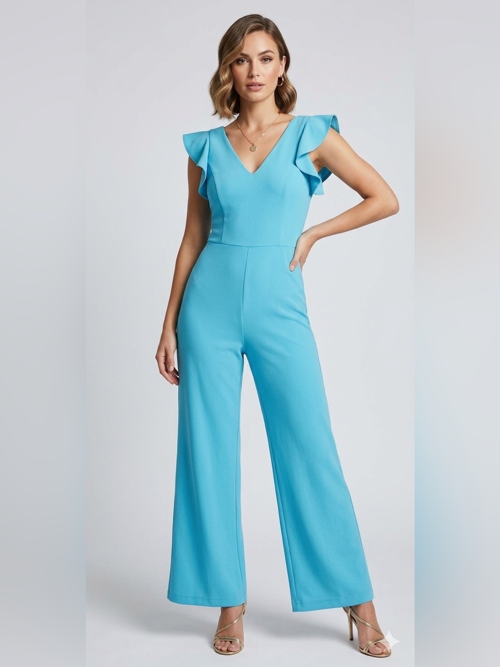 Rachel Roy Aqua Blue Ruffle Sleeve Wide Leg Jumpsuit Formal Evening SMALL